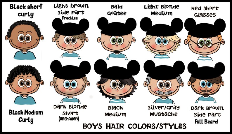 May include: Illustration of cartoon boys with various hair colors and styles, including black curly, light brown side part with freckles, and a bald goatee. The text "BOYS HAIR COLORS/STYLES" is at the bottom.