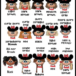 May include: A black and white graphic featuring cartoon girls with various hairstyles and hair colors. The image includes text labels such as "Long Straight," "Dark Blonde," "Black," and "Girls Hair Colors/Style."