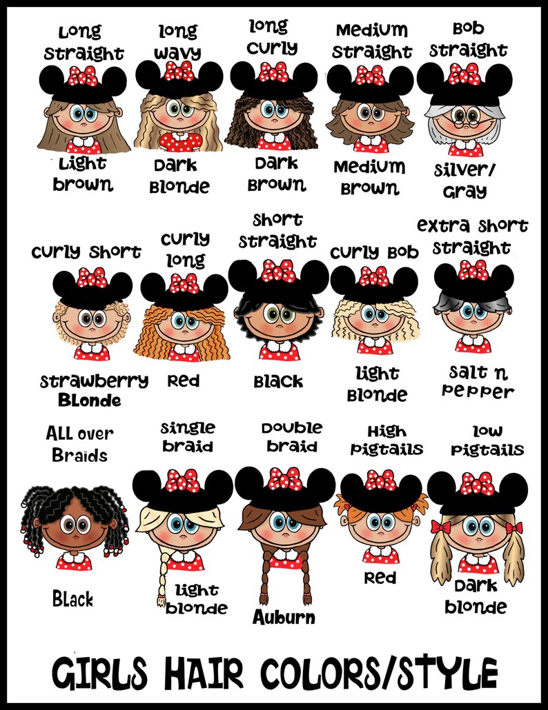 May include: A black and white graphic featuring cartoon girls with various hairstyles and hair colors. The image includes text labels such as "Long Straight," "Dark Blonde," "Black," and "Girls Hair Colors/Style."