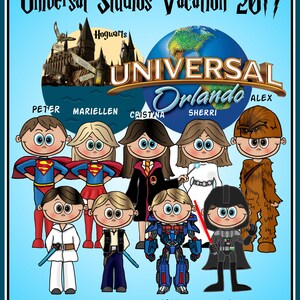 May include: A colorful cartoon illustration of a Universal Studios Vacation in 2017. The image features cartoon characters dressed as superheroes, Star Wars, and Harry Potter characters. The Universal Orlando logo is prominently displayed.