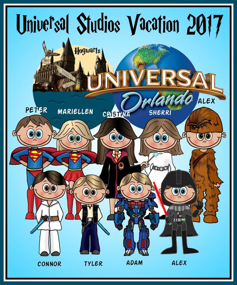 May include: A colorful cartoon illustration of a Universal Studios Vacation in 2017. The image features cartoon characters dressed as superheroes, Star Wars, and Harry Potter characters. The Universal Orlando logo is prominently displayed.