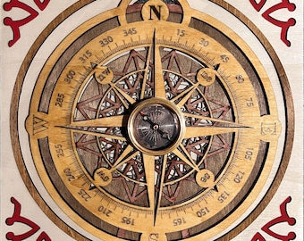 Wind Rose Compass - Wooden Table 30x30 cm