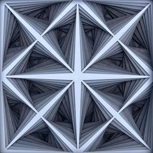 Op de afbeelding: Een vierkant, gelaagd papieren kunstwerk met een geometrisch ontwerp. Het kunstwerk heeft een centraal stervormig patroon met uitstralende driehoekige vormen in verschillende grijstinten en wit. Het gelaagde effect creëert diepte en dimensie.