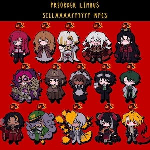 May include: A collection of fourteen chibi-style character illustrations arranged on a red background. The text at the top reads PREORDER LIMBUS SILLAAAAAYYYYY NPCS. Each character features a small red circular icon with a flame symbol above them.