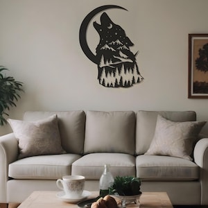 Decorazione murale in metallo con lupo ululante, decorazione murale con natura, decorazione in metallo con cartello animale, decorazione murale con luna crescente, regalo per amanti della natura, arte della fauna selvatica