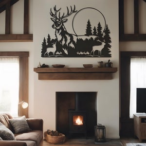 Arte murale in metallo a forma di cervo, decorazione murale a tema natura, decorazione in metallo con cartello animale, decorazione murale con corna di cervo, regalo per amanti degli animali, arte murale con paesaggio