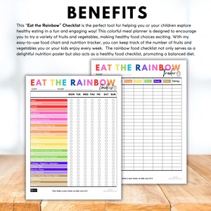 May include: Two white paper checklists titled "Eat the Rainbow" with colorful text and a rainbow-colored food list. One checklist is open, showing a weekly tracker for fruits and vegetables. The other is a blank tracker.