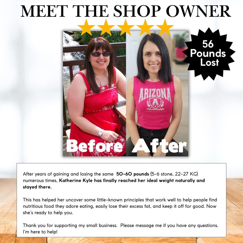 K&ouml;nnte beinhalten: Vorher-Nachher-Bild mit dem Text &bdquo;Lernen Sie die Shop-Besitzerin kennen&ldquo;. Das &bdquo;Vorher&ldquo;-Foto zeigt eine Frau in einem roten Kleid, und das &bdquo;Nachher&ldquo;-Foto zeigt sie in einem rosa Oberteil. Ein Abzeichen zeigt &bdquo;56 Pfund verloren&ldquo; (ca. 25,4 kg).