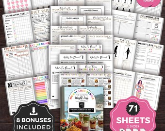 Weight Loss Journal PDF, Weight Loss Planner, Weight Loss Journey Tracker Bundle, Fitness Printable Planner, Meal & Food Diary, Grocery List