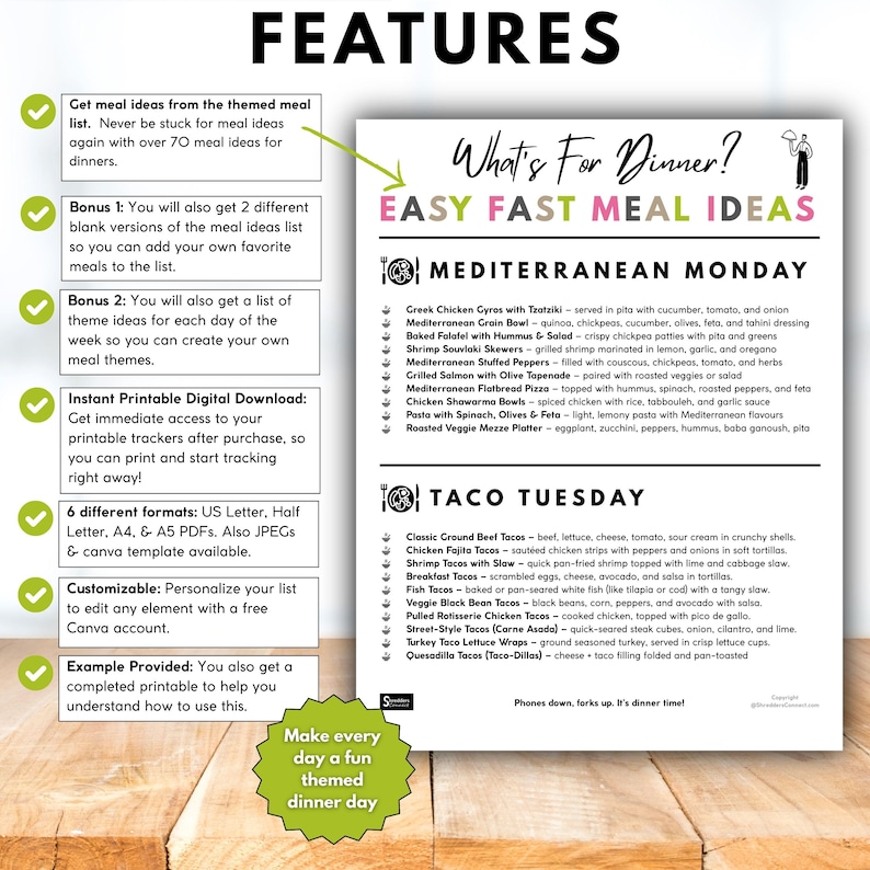 Op de afbeelding: Een afdrukbare digitale download met maaltijdidee&euml;n voor het avondeten, inclusief mediterrane en taco-recepten. Het document heeft een groen en wit ontwerp met de titel "What's For Dinner?" en opsommingstekens.