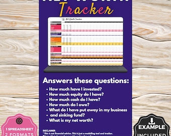 Net Worth Tracker Google Sheets Excel Spreadsheet Investments Equity Debt Savings Emergency Fund Finance Calculator Monthly Yearly Template