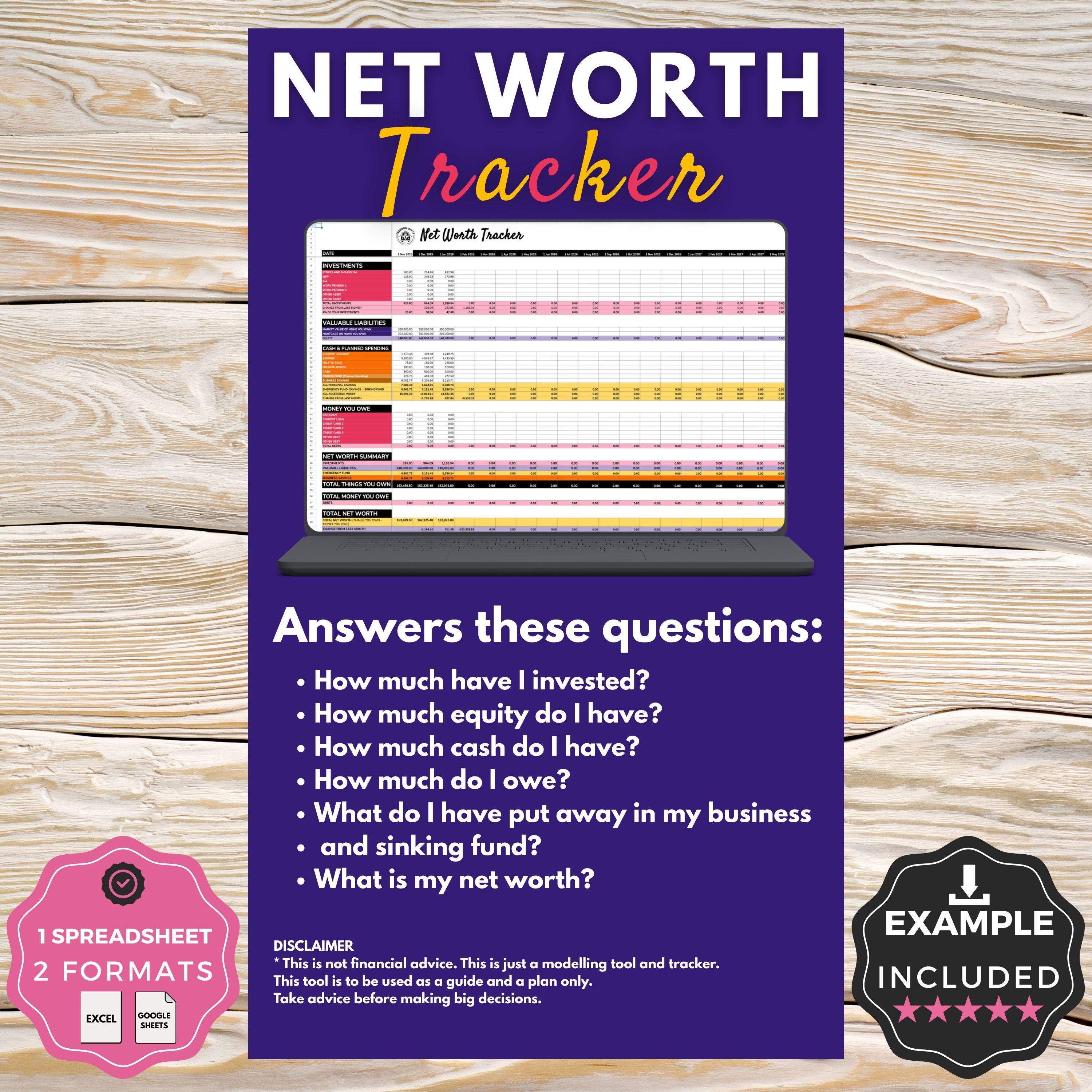 Net Worth Tracker Google Sheets Excel Spreadsheet Investments Equity ...