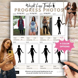 May include: A weight loss tracker with the title "Weight Loss Tracker PROGRESS PHOTOS". The tracker includes spaces for photos, weight, and clothing size. The image also includes the text "4 COLOR OPTIONS".