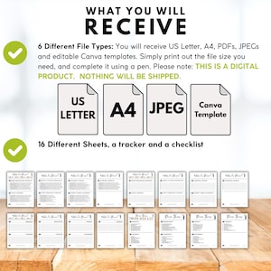 Op de afbeelding: Digitale, printbare planner met de tekst "WHAT YOU WILL RECEIVE". Bevat US Letter, A4, JPEG en Canva sjablonen. Bevat 16 vellen, een tracker en een checklist. Ontworpen om af te drukken en te gebruiken met een pen.