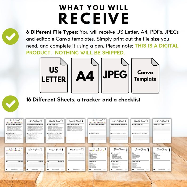 Op de afbeelding: Digitale, printbare planner met de tekst "WHAT YOU WILL RECEIVE". Bevat US Letter, A4, JPEG en Canva sjablonen. Bevat 16 vellen, een tracker en een checklist. Ontworpen om af te drukken en te gebruiken met een pen.