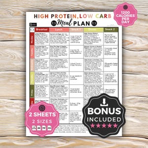 May include: A printed meal plan titled "HIGH PROTEIN, LOW CARB Meal PLAN" with a daily calorie count of 1200. The plan includes breakfast, lunch, snack, and dinner options. A bonus is included. The plan is on two sheets and two sizes.