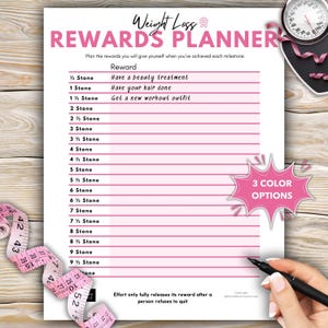 Weight Loss Reward Tracker, Printable Goal Setting Chart, Motivation for Diet Success, Digital Download Planner, Stone & Pounds PDF Editable