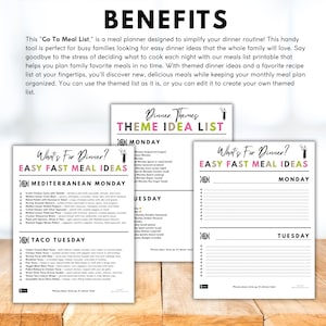 Op de afbeelding: Maaltijdplanner met de tekst "BENEFITS" bovenaan. De planner bevat "Dinner Themes" en "Easy Fast Meal Ideas" met secties voor maandag en dinsdag. Het is ontworpen om dinerroutines te vereenvoudigen.