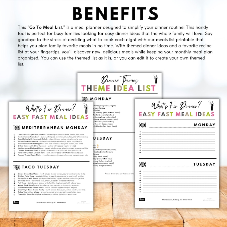 Op de afbeelding: Maaltijdplanner met de tekst "BENEFITS" bovenaan. De planner bevat "Dinner Themes" en "Easy Fast Meal Ideas" met secties voor maandag en dinsdag. Het is ontworpen om dinerroutines te vereenvoudigen.