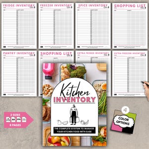 May include: A set of eight printable kitchen inventory and shopping list pages. The pages include fridge, freezer, spice, and pantry inventory sheets, plus shopping lists. The image also shows a graphic with the text "Kitchen Inventory".