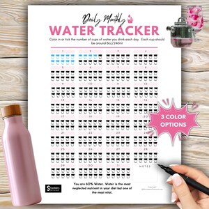 Könnte beinhalten: Eine rosa Wasserflasche mit Holzverschluss liegt neben einem gedruckten Wasser-Tracker. Der Tracker ist ein Monatskalender zum Markieren der Wasseraufnahme. Der Text auf dem Tracker lautet "Daily Monthly Water Tracker". Eine Hand hält einen schwarzen Marker.