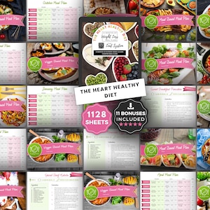 May include: A digital product featuring a heart-shaped design with the text "THE HEART HEALTHY DIET" and "12 MONTHS OF Weight Loss MEAL PLANS". The image includes meal plan examples, recipes, and the text "1128 SHEETS" and "11 BONUSES INCLUDED".