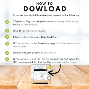 May include: A white graphic with instructions on how to download digital files from Etsy. The text reads "HOW TO DOWNLOAD" and provides six steps, including signing in, going to purchases, and downloading the product.