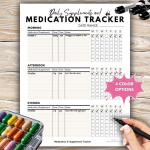 Medication Supplement Tracker, Printable medicine list, Daily Medication Log, Medicine Sheet, Printable Medicine log for nurses & caregivers