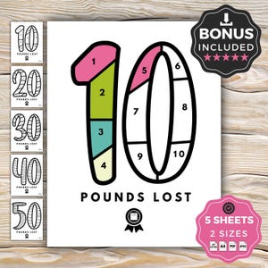 May include: A white print with the words "POUNDS LOST" and a large number 10 divided into colored sections. Includes bonus and size options. Also shows other weight loss milestones: 20, 30, 40, and 50 pounds lost.