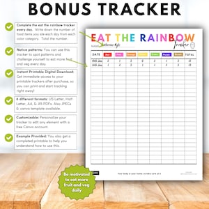 May include: A printable "Eat the Rainbow" tracker with a colorful header. The tracker includes sections for daily food intake by color, with space to record the number of servings. The text encourages healthy eating habits.