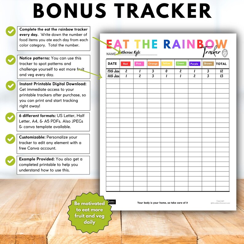 May include: A printable "Eat the Rainbow" tracker with a colorful header. The tracker includes sections for daily food intake by color, with space to record the number of servings. The text encourages healthy eating habits.