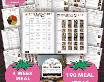 Mediterranean Diet Meal Planner, Healthy Eating Guide, Grocery List, 4-Week Meal Plan, Nutrition Tips, Food List Posters, Diet Printables