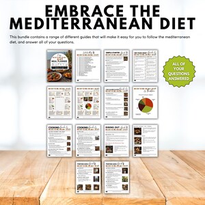 May include: A collection of guides titled "Embrace the Mediterranean Diet" on a wooden surface. The guides cover meal planning, recipes, and dietary information. The text "All of Your Questions Answered" is also visible.
