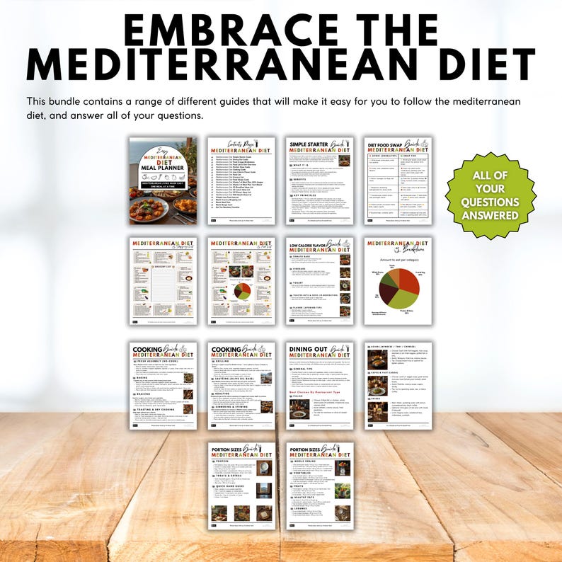 May include: A collection of guides titled "Embrace the Mediterranean Diet" on a wooden surface. The guides cover meal planning, recipes, and dietary information. The text "All of Your Questions Answered" is also visible.