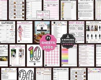 Weight Loss Journey Printable, Weight Loss Planner PDF, Weight Loss Tracker Bundle, Fitness Journal, Food Diary, Grocery List, Meal Plan