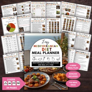 以下が含まれることがあります： 「Easy Mediterranean Diet Meal Planner」と題された印刷されたページと食事プランナーのコレクション。プランナーには、食事プラン、ポーションサイズ、食事のアイデアが含まれています。画像には、料理の盛り合わせと「2サイズ」、「US Letter」、「A4」、「JPEG」、「PDF」、「34ページ」と書かれたテキストも表示されています。