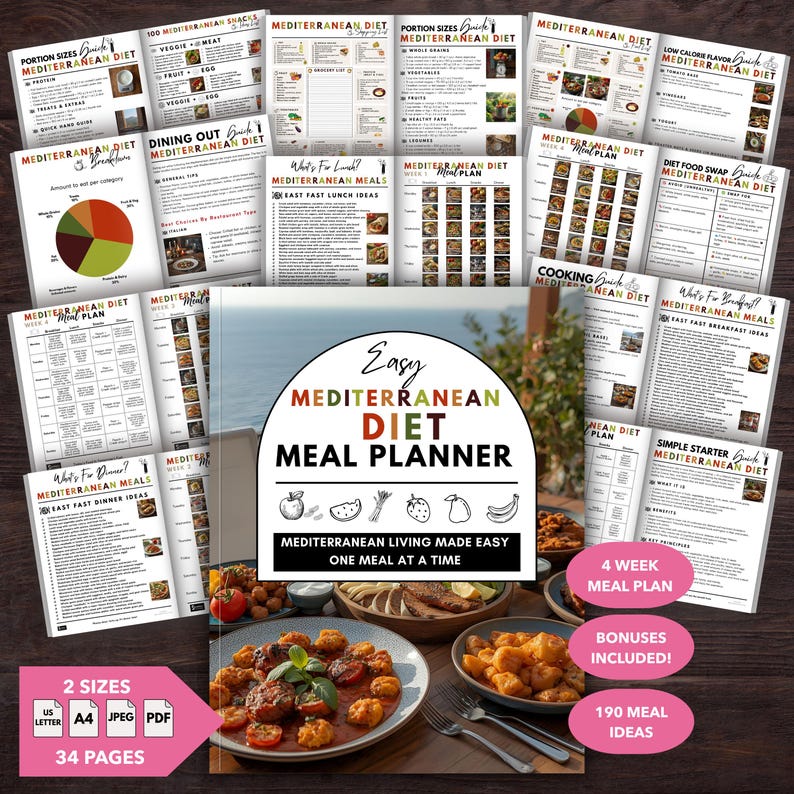 May include: A collection of printed pages and a meal planner titled "Easy Mediterranean Diet Meal Planner." The planner includes meal plans, portion sizes, and meal ideas. The image also shows plates of food and text that says "2 sizes", "US Letter", "A4", "JPEG", "PDF", and "34 pages."
