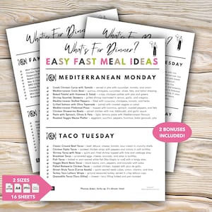 Pode incluir: Uma pilha de folhas de papel branco com ideias de refeições. A folha superior diz "What's For Dinner?" com "Easy Fast Meal Ideas" em rosa. A folha lista receitas de segunda-feira mediterrânea e terça-feira de taco. Inclui o texto "2 bônus incluídos!".