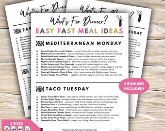 Ga naar maaltijdenlijst, eenvoudige receptideeën voor themamaaltijden, bewerkbaar maandmenu, dinerideeën voor drukke gezinnen, bewerkbaar maaltijdplan pdf