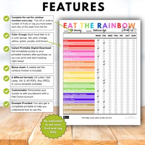May include: A colorful "Eat the Rainbow" checklist for tracking daily fruit and vegetable intake. The printable digital download includes a weekly tracker, customizable options, and various formats like US Letter and A4. The checklist features a color-coded list of fruits and vegetables.