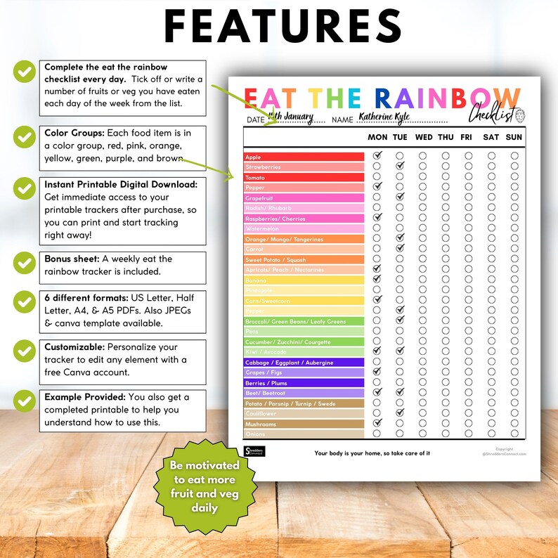 May include: A colorful "Eat the Rainbow" checklist for tracking daily fruit and vegetable intake. The printable digital download includes a weekly tracker, customizable options, and various formats like US Letter and A4. The checklist features a color-coded list of fruits and vegetables.
