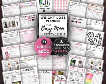 Busy Mom Weight Loss Planner & Lifestyle Kit – Digital Meal Planner, Habit Tracker, Fitness Tracker, Wellness Journal Printable Bundle