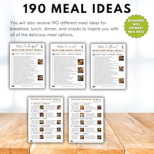May include: A collection of meal plan printables with the text "190 Meal Ideas." The printables include breakfast, lunch, dinner, and snack ideas. The text "Mediterranean Meals" is visible on the top of the printables. The image is on a wooden surface.