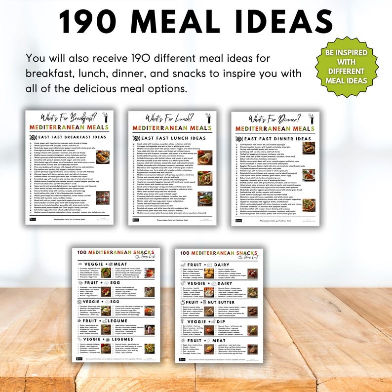 May include: A collection of meal plan printables with the text "190 Meal Ideas." The printables include breakfast, lunch, dinner, and snack ideas. The text "Mediterranean Meals" is visible on the top of the printables. The image is on a wooden surface.