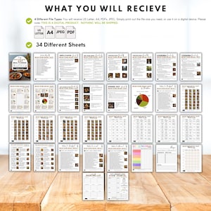 May include: A digital Mediterranean diet meal planner with 34 different sheets, including recipes, shopping lists, and a food journal. The planner is available in US Letter, A4, PDF, and JPEG formats. The text on the image says "WHAT YOU WILL RECIEVE".