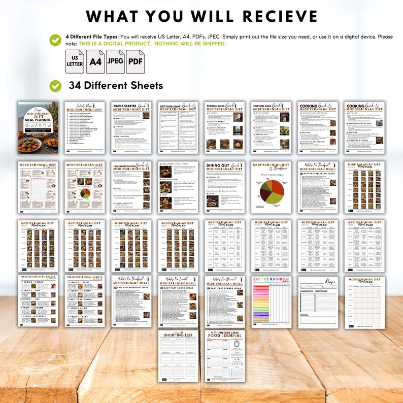 May include: A digital Mediterranean diet meal planner with 34 different sheets, including recipes, shopping lists, and a food journal. The planner is available in US Letter, A4, PDF, and JPEG formats. The text on the image says "WHAT YOU WILL RECIEVE".