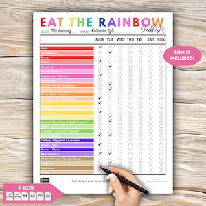 May include: A colorful "Eat the Rainbow" checklist with a variety of fruits and vegetables listed. The checklist includes a space to mark daily consumption. The text "BONUS INCLUDED!" is on a pink sticker. The image also shows the text "4 SIZES".