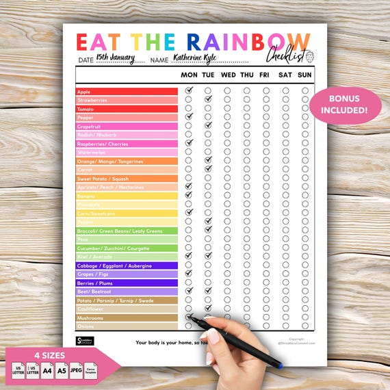 Eat the Rainbow Checklist Printable, Nutrition Tracker, Healthy Food Chart, Healthy Meal Planner, nutrition chart download, food list PDF