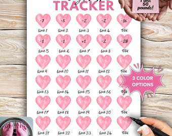 1 Year 52 Weeks 2 Page Weekly Weight Loss Tracker With Cute Pink Hearts & Totals: Printable A4, US Letter, Half, A5, PDF, Digital Download