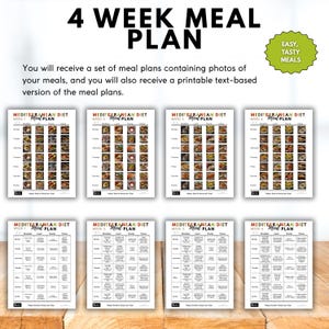 May include: A 4-week Mediterranean diet meal plan with photos of meals and a text-based version. The plan includes weekly meal layouts with images of food and a list of meals for each day. The text "Easy, Tasty Meals" is also visible.